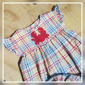 Petit Pomme Girl Plaid Crab Angel-Sleeve Seersucker Bubble Romper